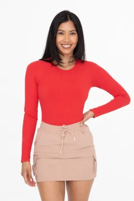 * RIBBED CREW NECK BODYSUIT RED