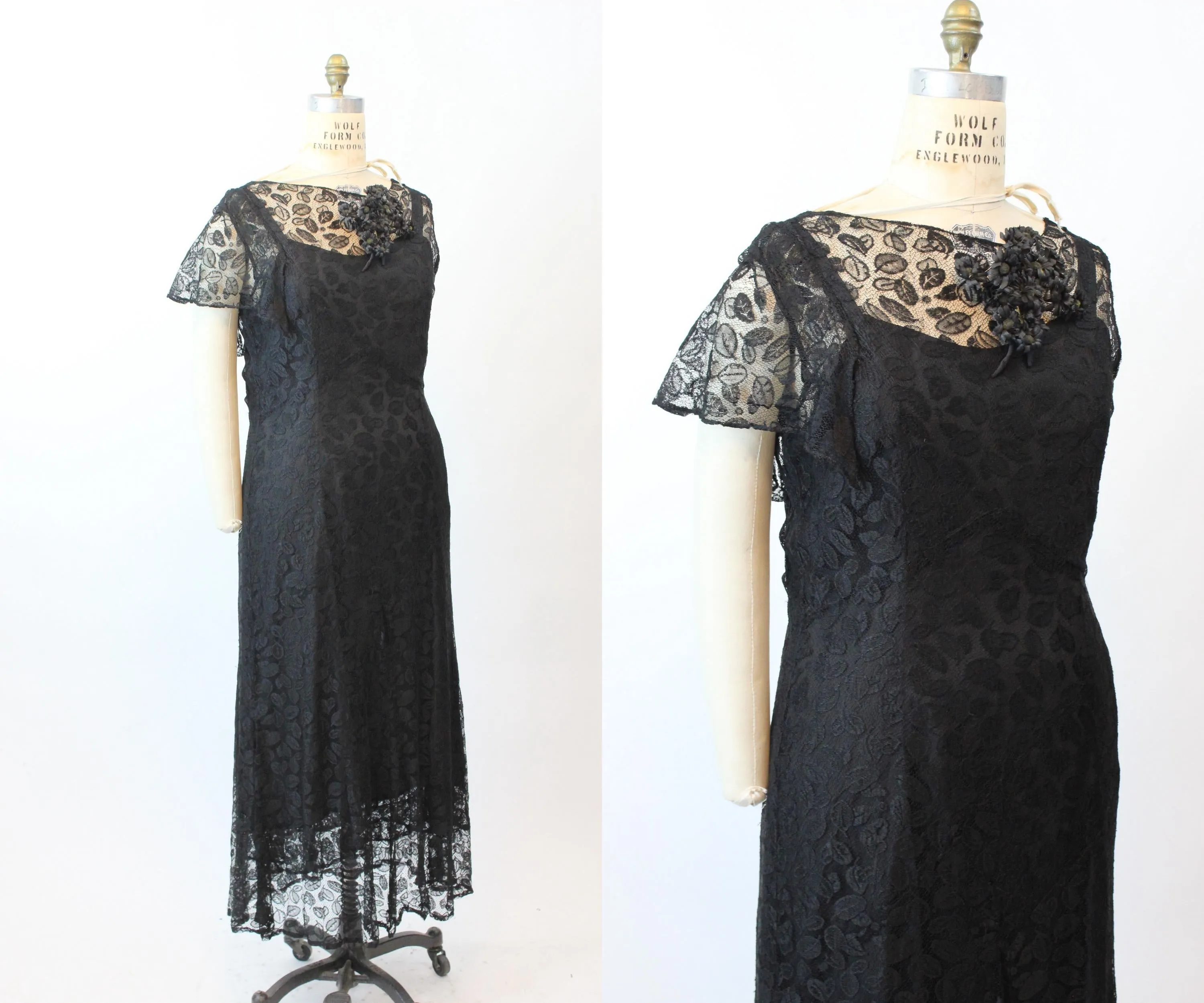 1930s LEAF LACE gown silk slip FLUTTER sleeves large | new fall winter