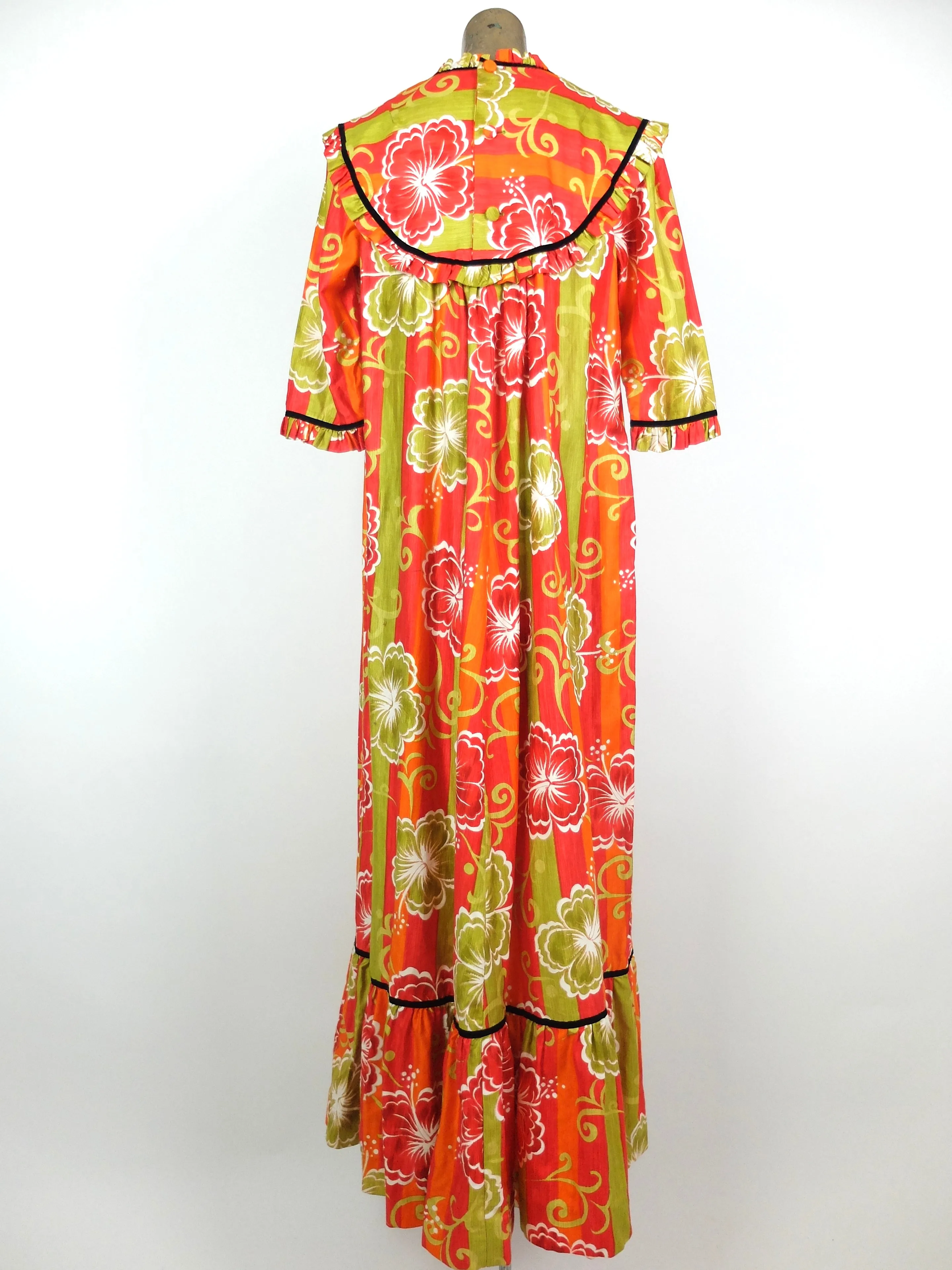 60s Mod Psychedelic Tropical Hawaiian Ruffled Half Sleeve Maxi Dress with Pockets