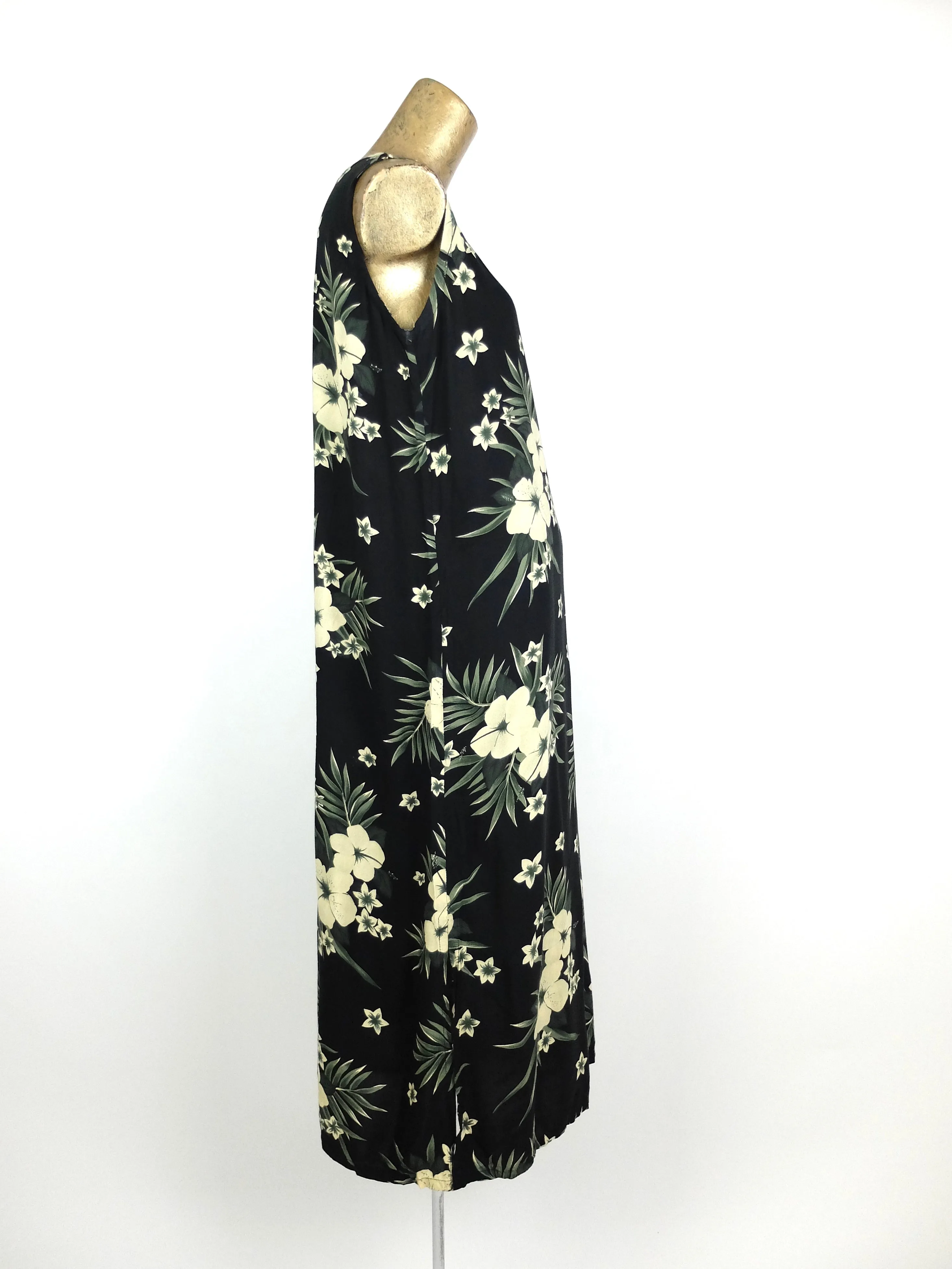 80s Tropical Hawaiian Black Floral Sleeveless Maxi Shift Tank Dress