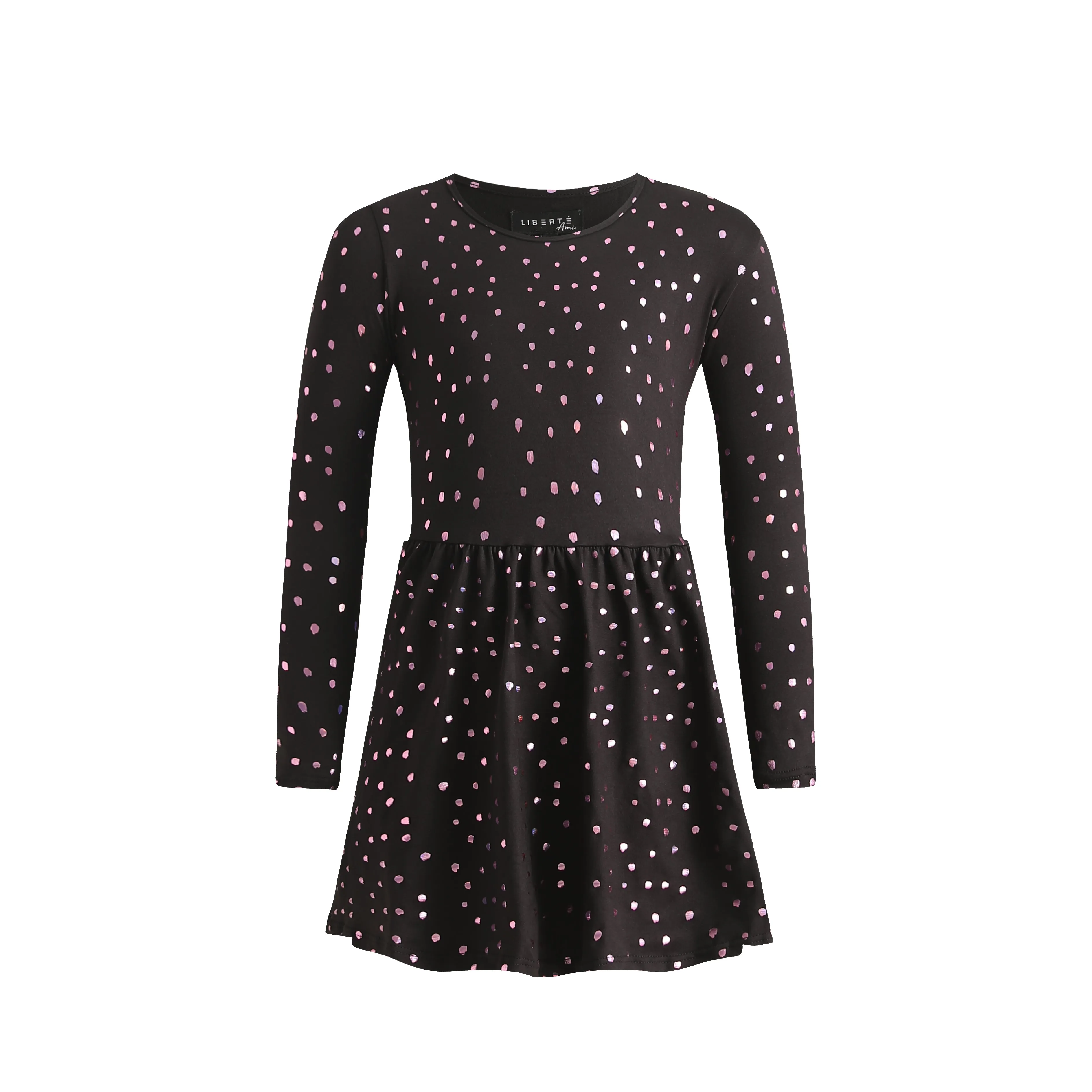 ALMA-LS-BABYDOLL-DRESS (KIDS) - BLACK PINK HOLOGRAPHIC DOT