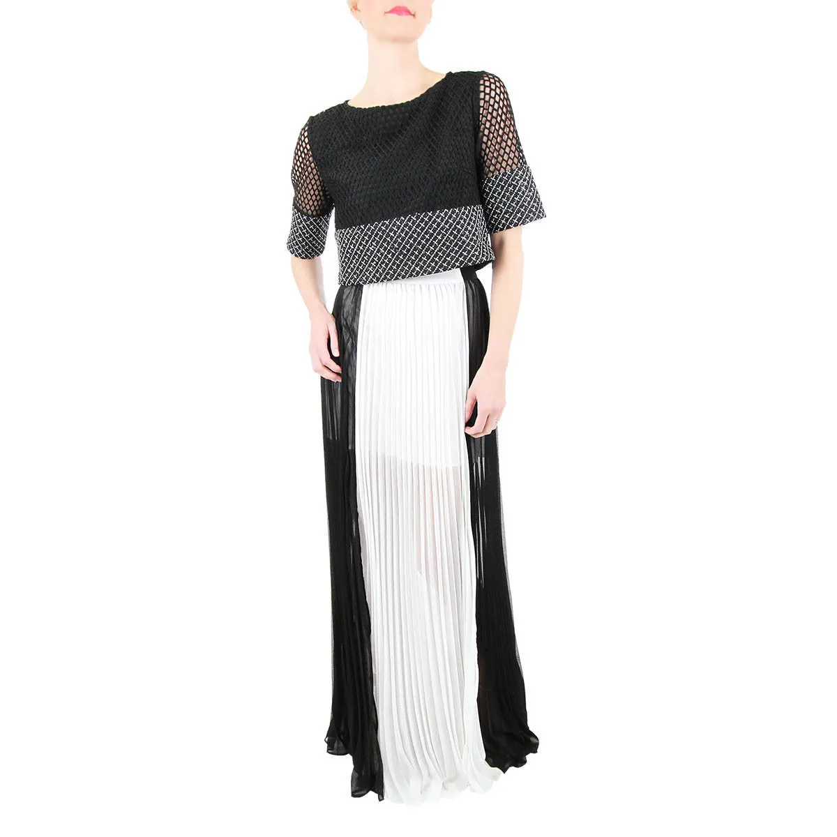 Black and White Pleated Column Maxi Skirt