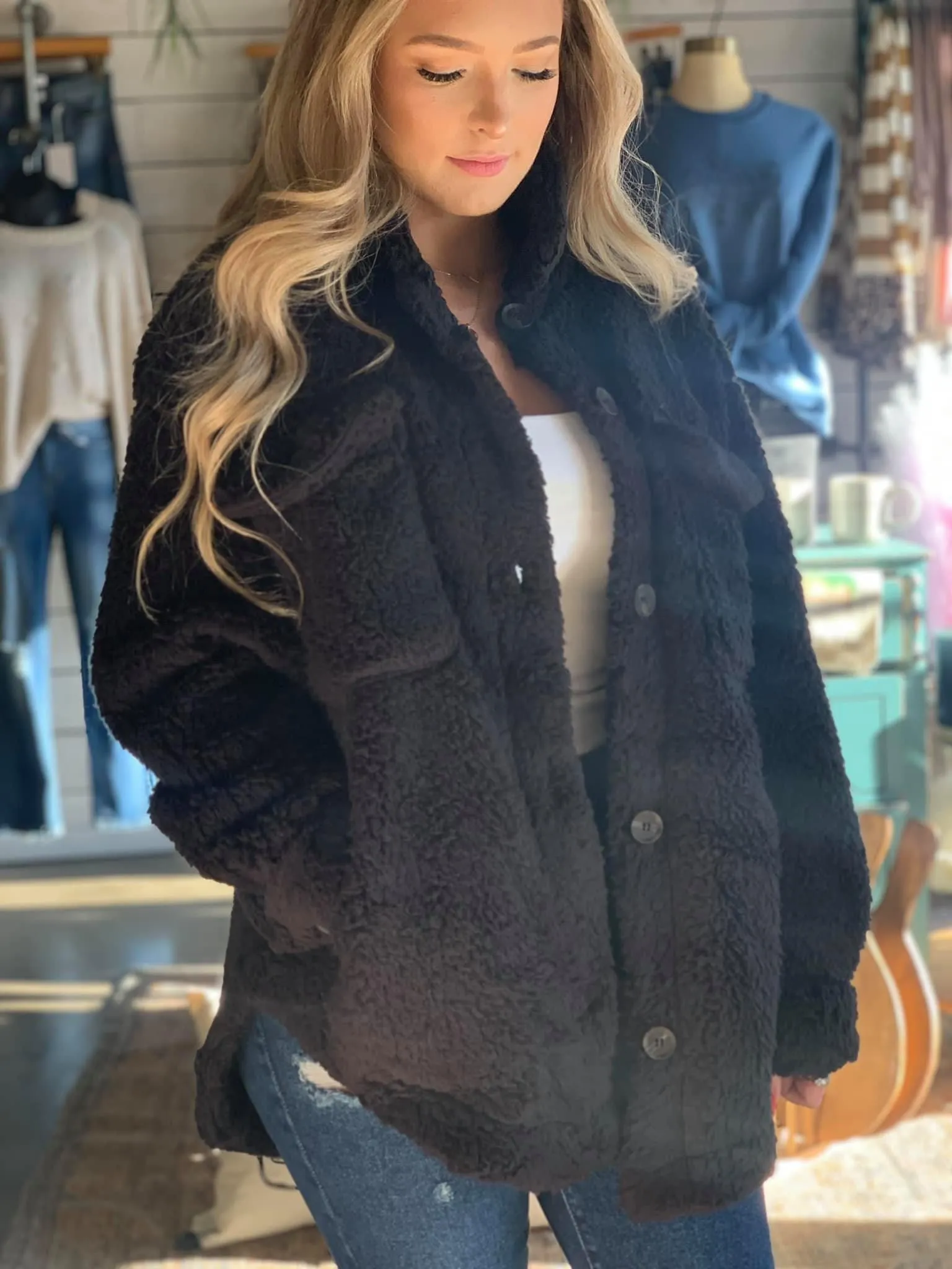 Black Button Sherpa Jacket