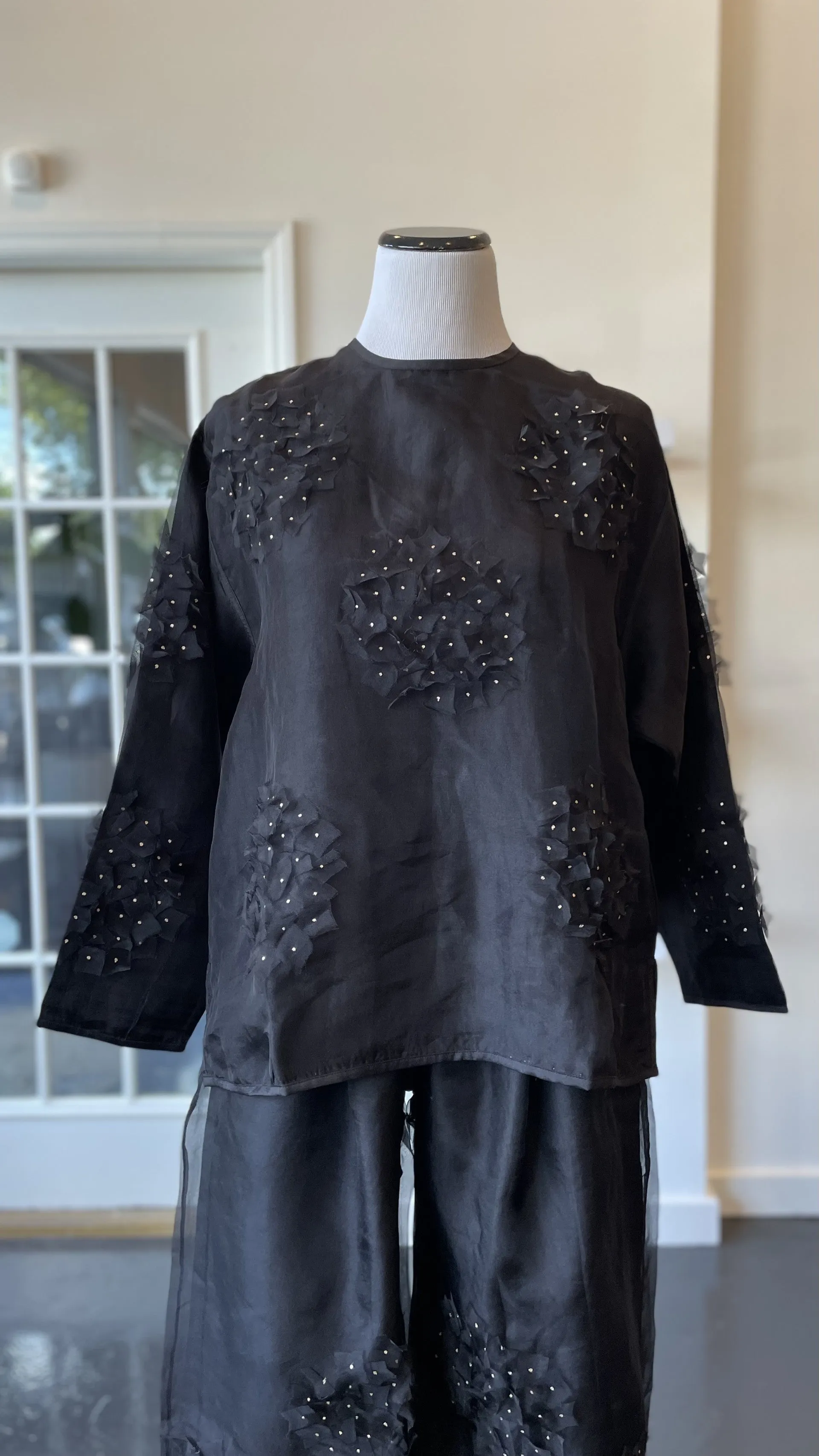 Black Silk Long Sleeve Blouse with Fabric Petal Design