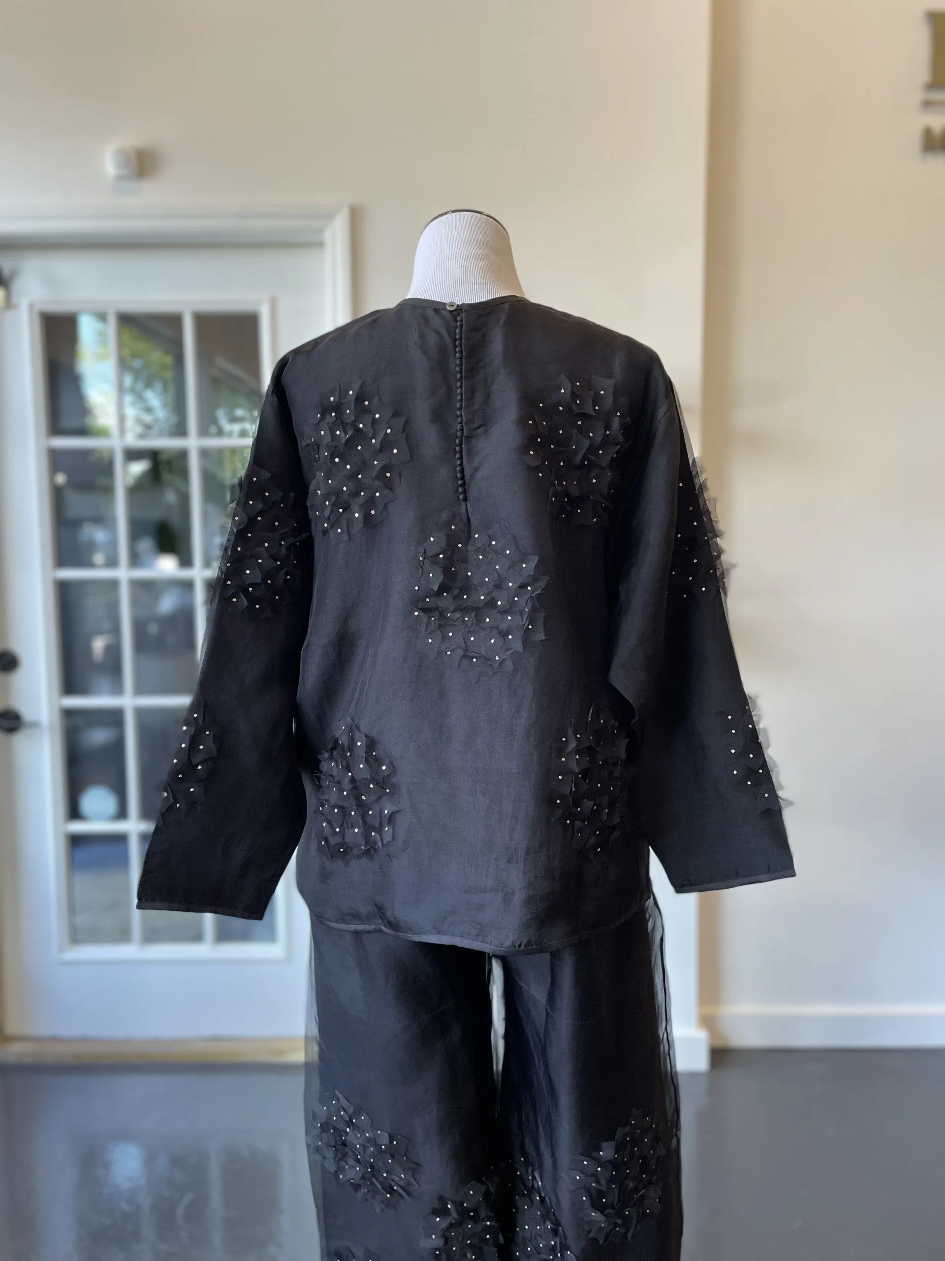 Black Silk Long Sleeve Blouse with Fabric Petal Design