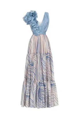 BLUE TRICIA SHINY SILK WAVE MAXI DRESS