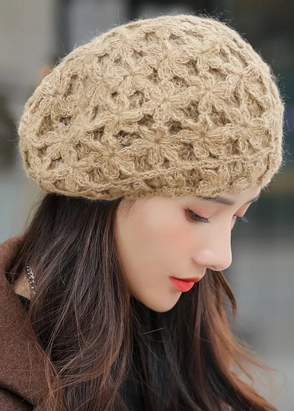 Boutique Khaki Hollow Out Cotton Knit Beret Hat