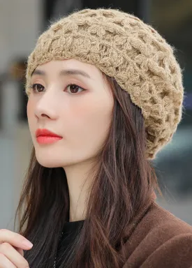 Boutique Khaki Hollow Out Cotton Knit Beret Hat