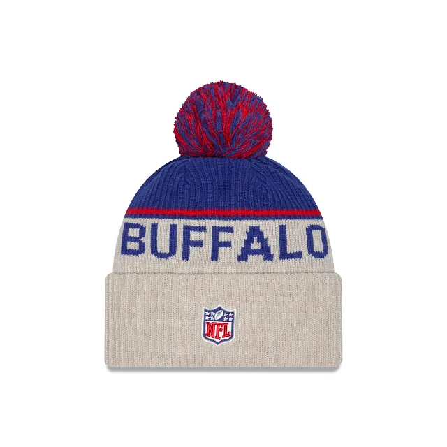 Buffalo Bills NFL New Era Men's Blue Beige 2024 Sideline Historic Sport Knit Pom Hat