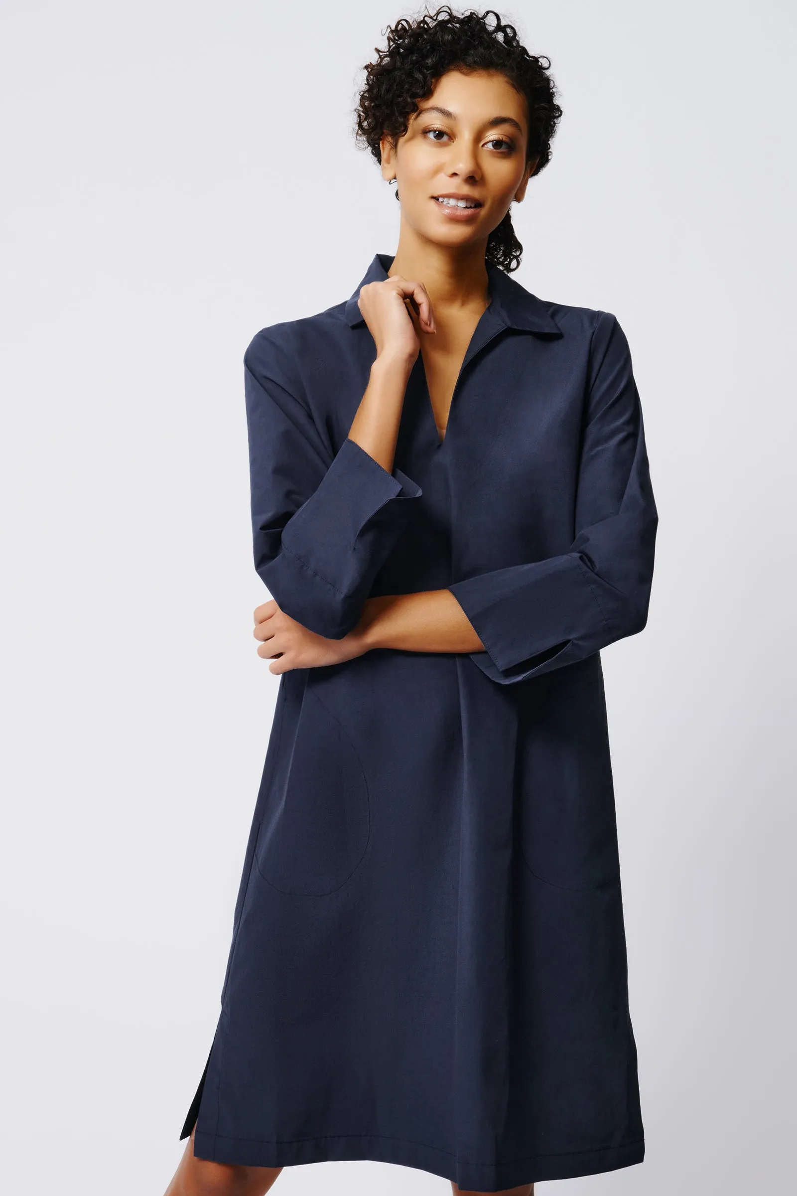 Cecil Collared V-Neck Dress - Navy Broadcloth