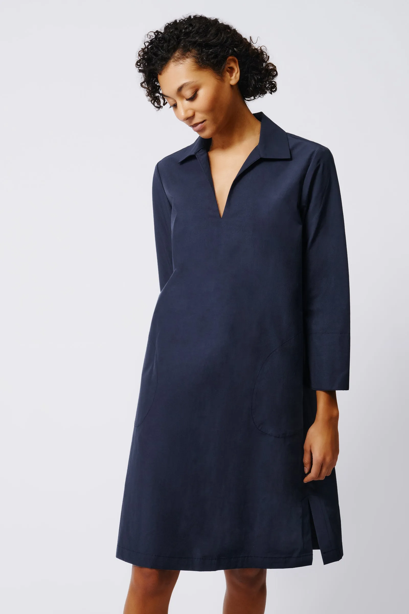 Cecil Collared V-Neck Dress - Navy Broadcloth