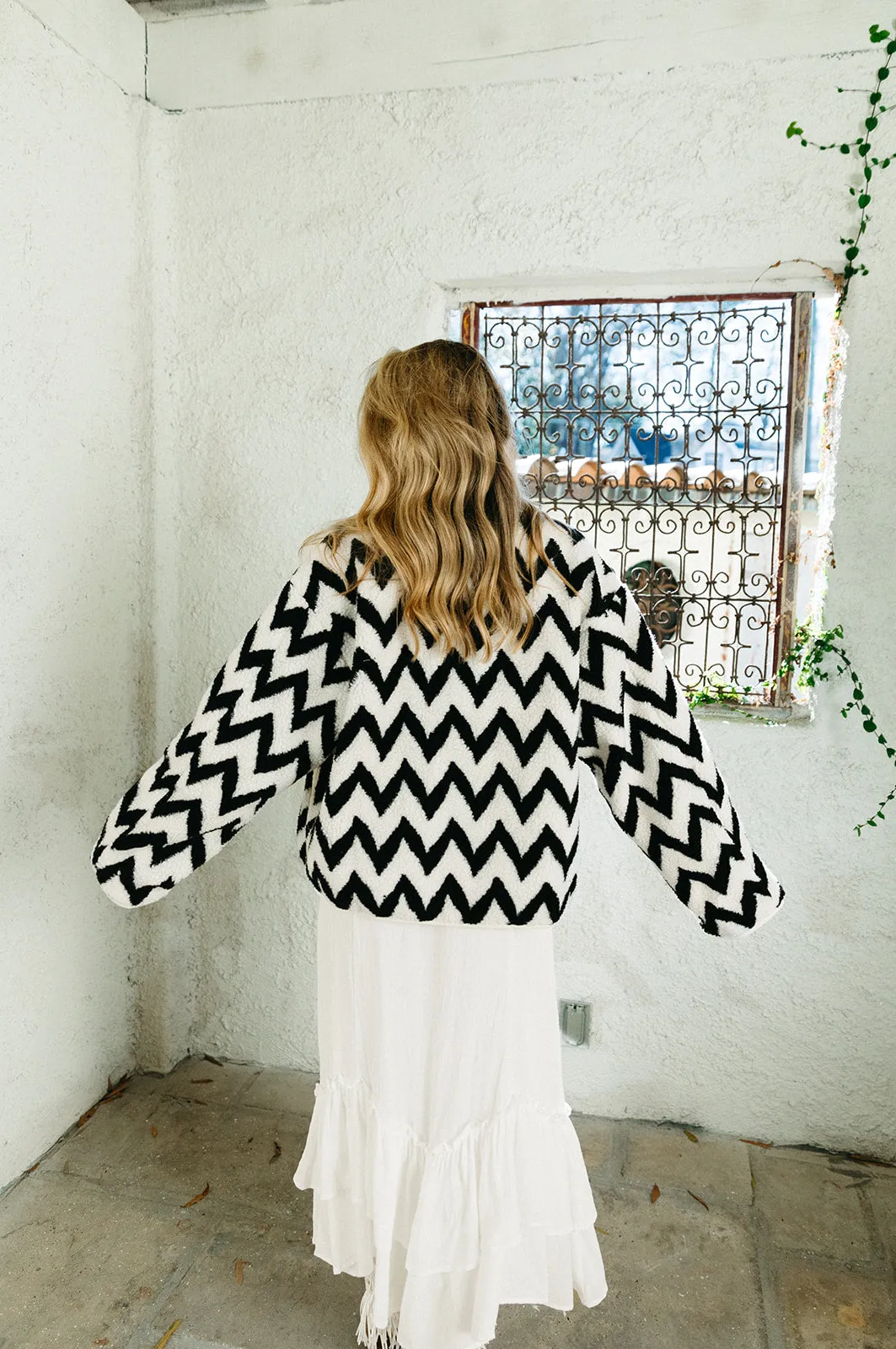 Chevron Sherpa Jacket - Ivory/Black