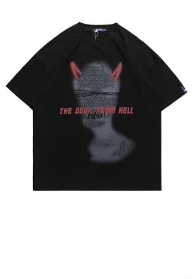 Devil print t-shirt cat graffiti tee Goth horns top in black