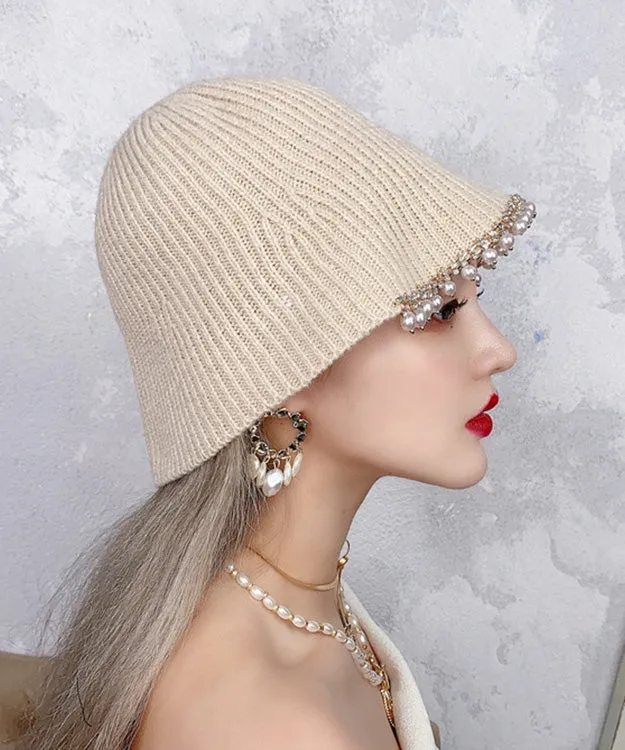 DIY Beige Zircon Pearl Knit Bucket Hat