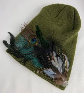 Embellished Feathered & Vintage Jeweled Knit Hat