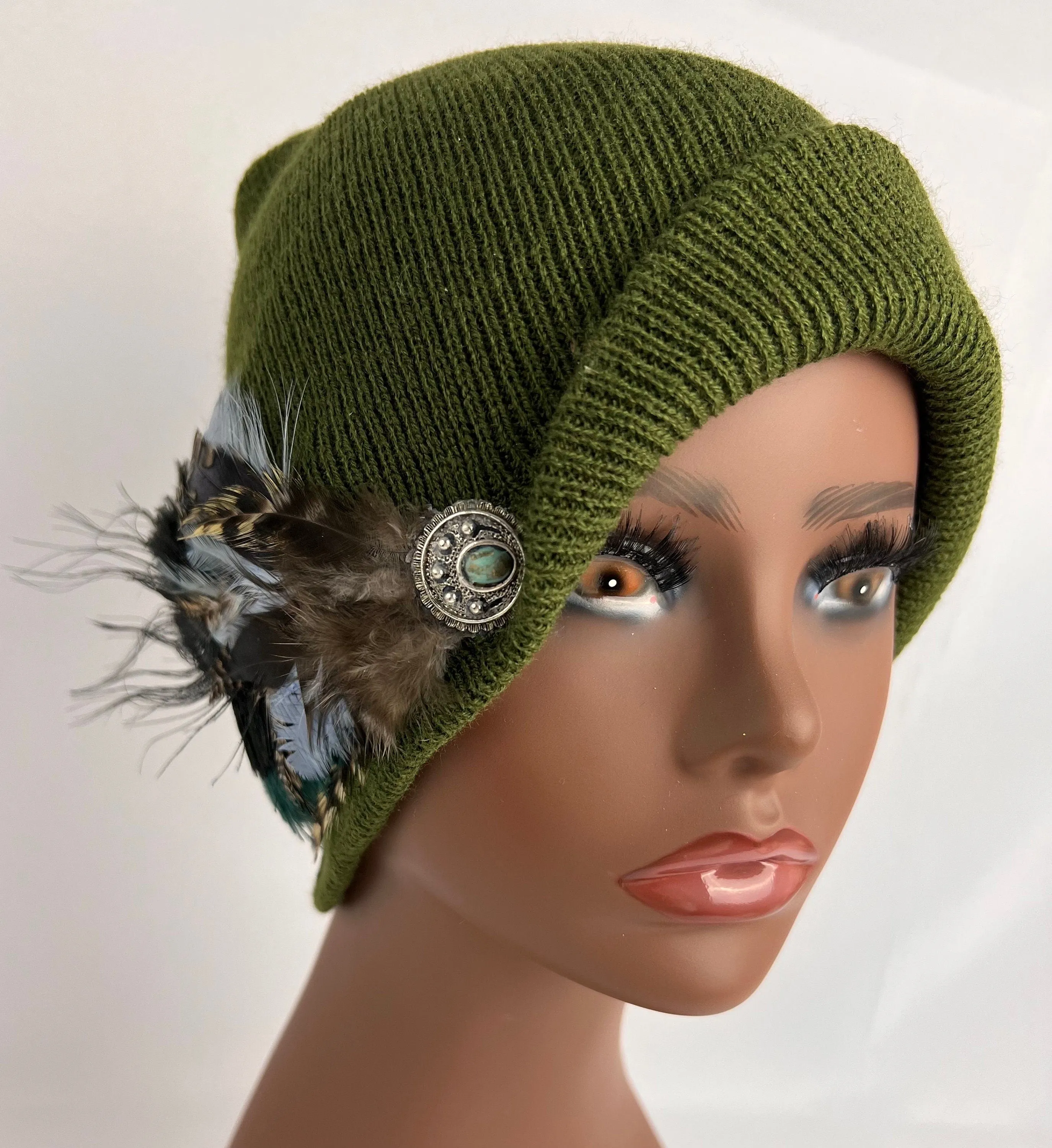 Embellished Feathered & Vintage Jeweled Knit Hat