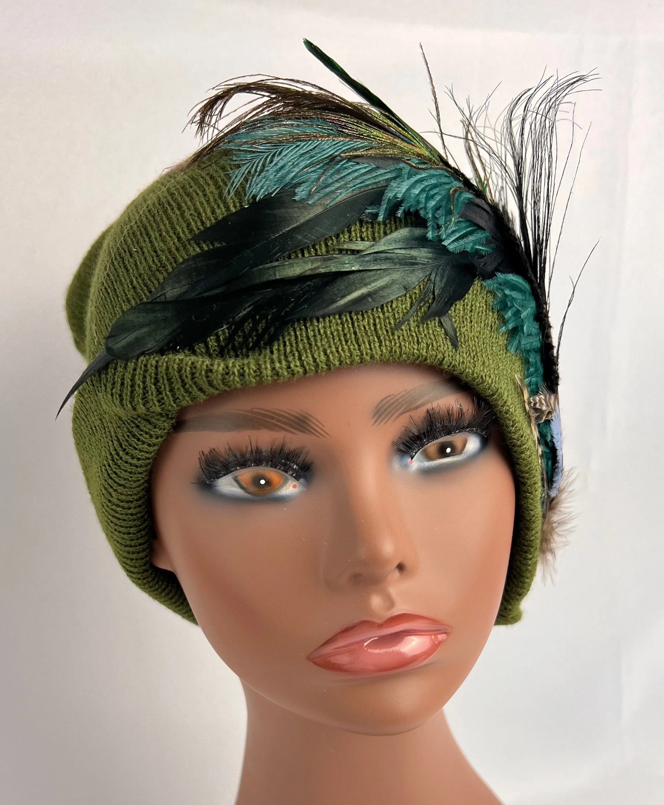 Embellished Feathered & Vintage Jeweled Knit Hat