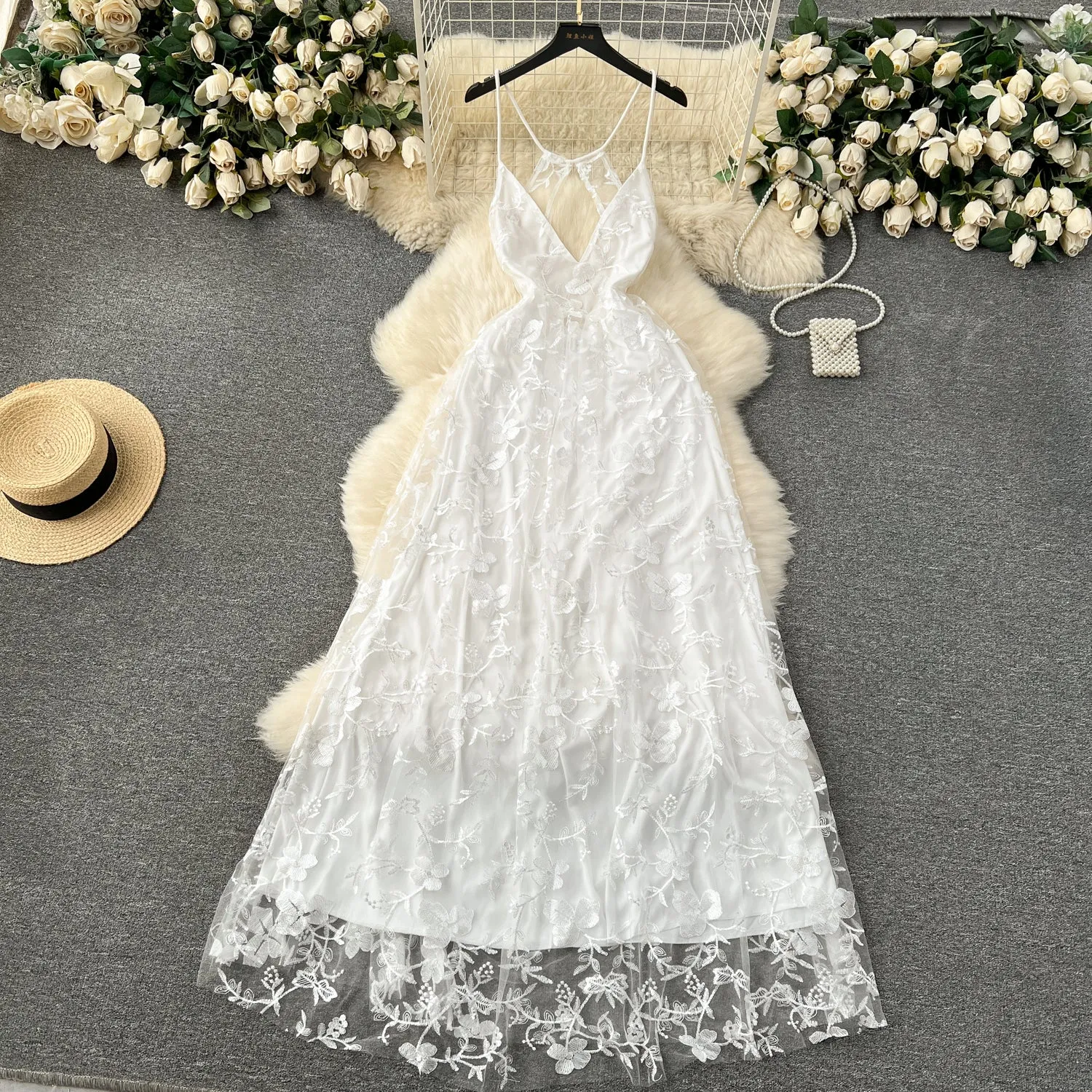 Embroidered Floral White Slip Dress