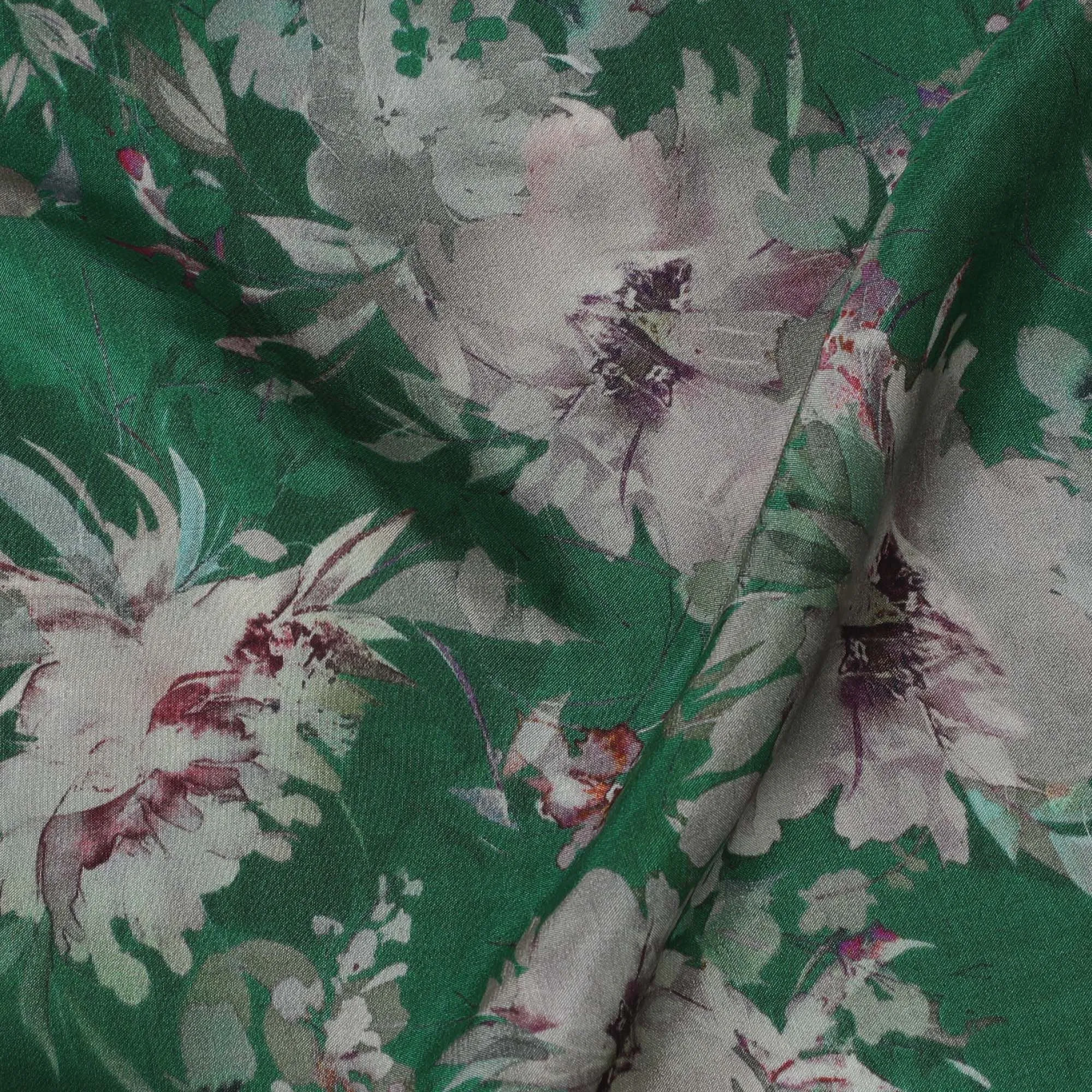 Emerald Flora Viscose Crepe Fabric - Lush Floral Print on Green, 110cm Width (India)  - D17653