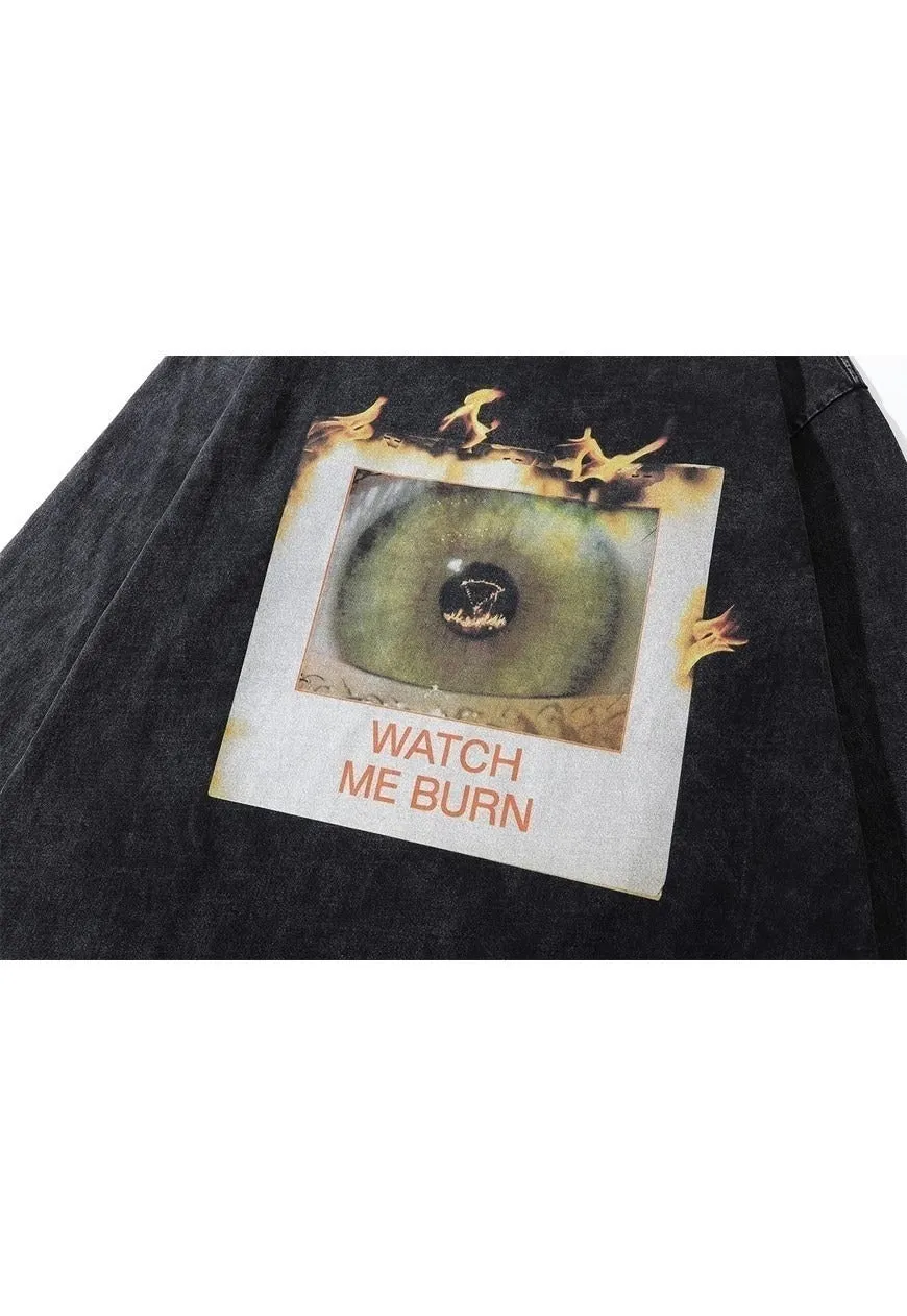 Flame print t-shirt grunge eye long sleeve tee in acid black