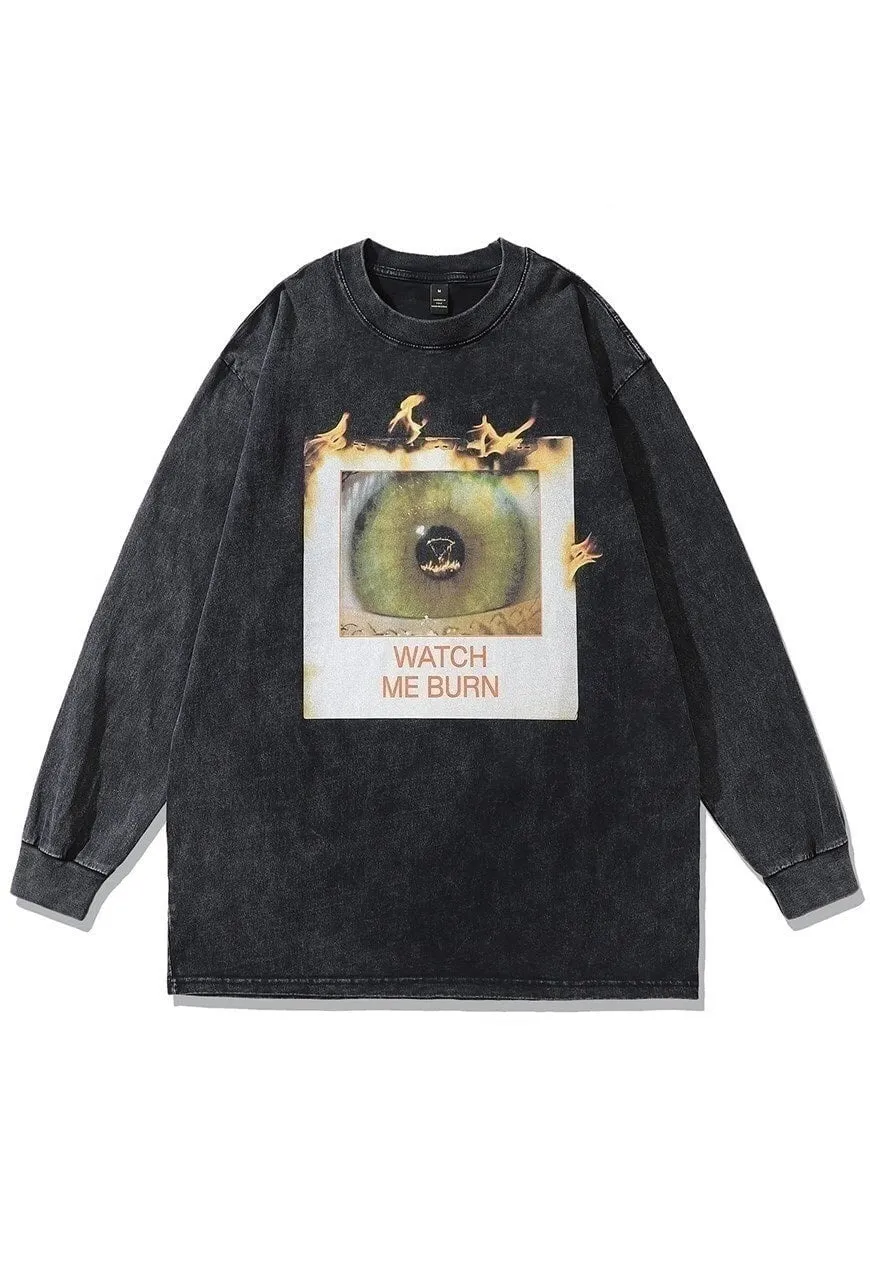 Flame print t-shirt grunge eye long sleeve tee in acid black