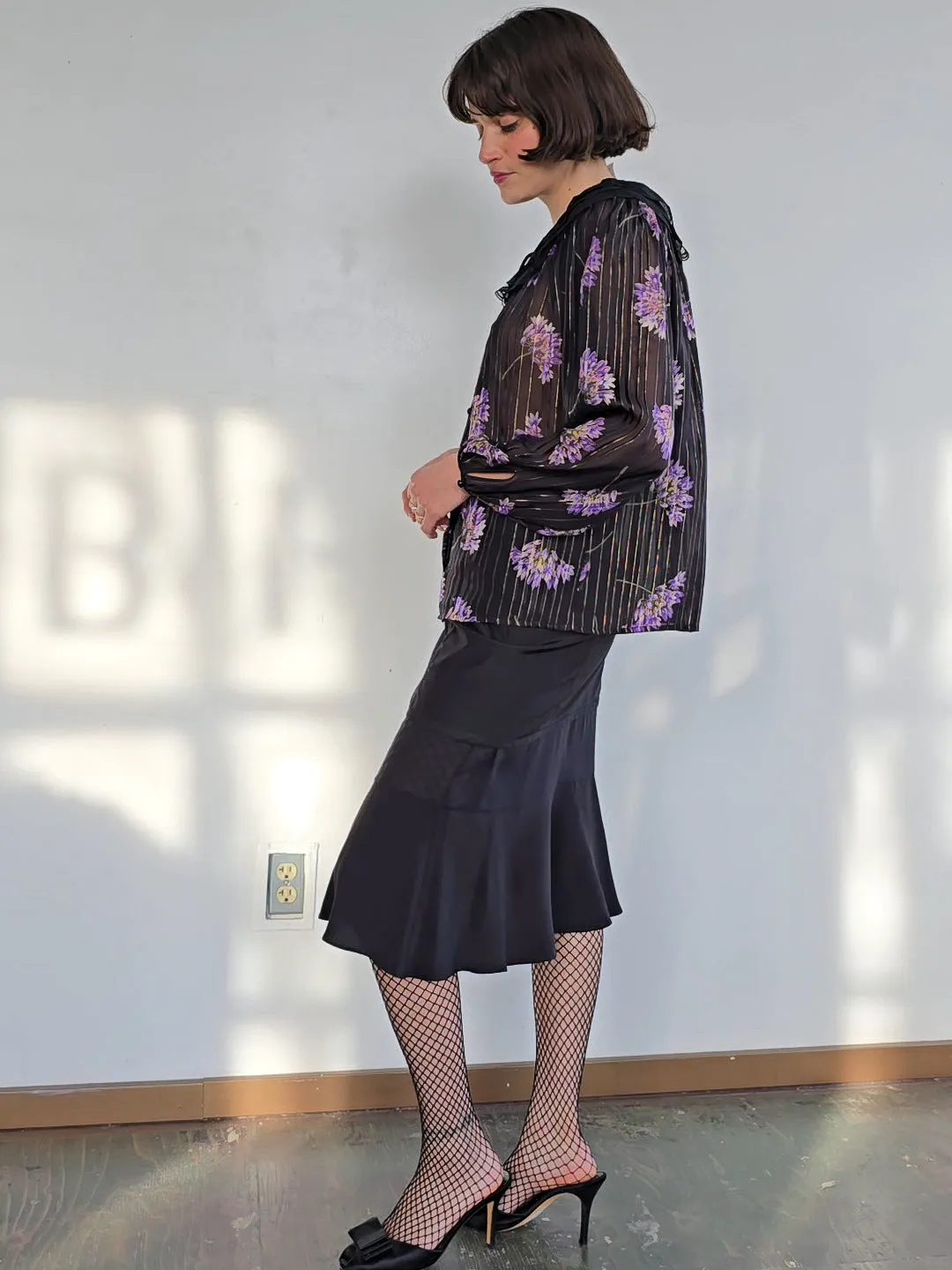 Flared Silk Layered Black Skirt (M)