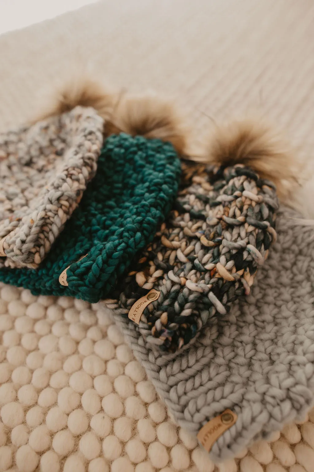 Forest Green Speckle Merino Wool Knit Hat with Faux Fur Pom Pom - Hand-Dyed Yarn