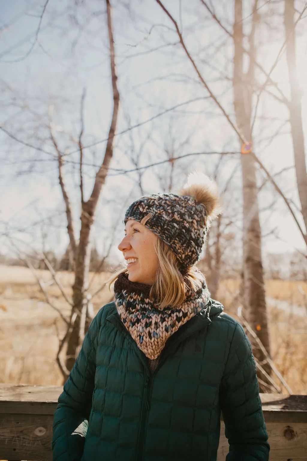 Forest Green Speckle Merino Wool Knit Hat with Faux Fur Pom Pom - Hand-Dyed Yarn