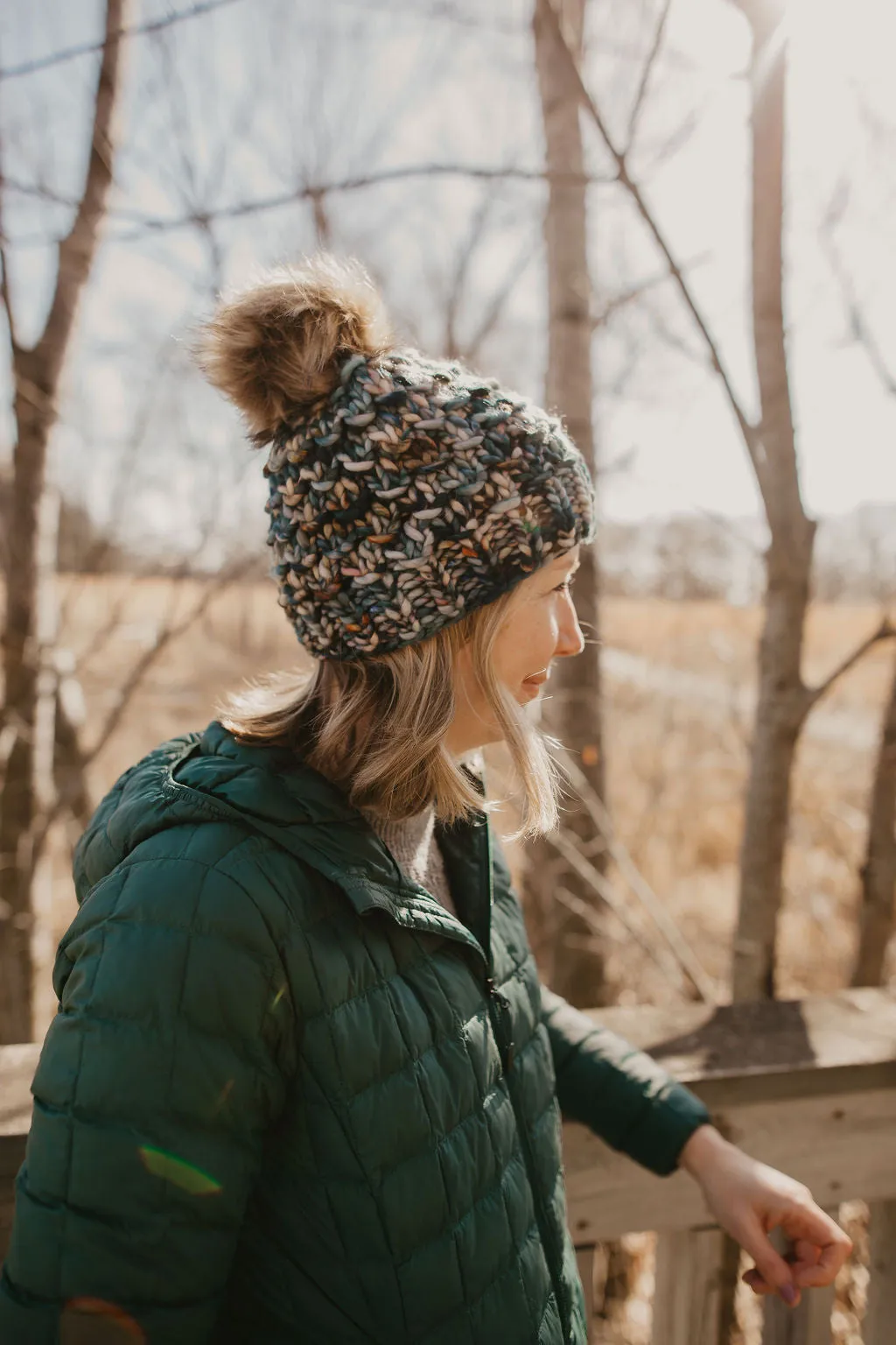 Forest Green Speckle Merino Wool Knit Hat with Faux Fur Pom Pom - Hand-Dyed Yarn