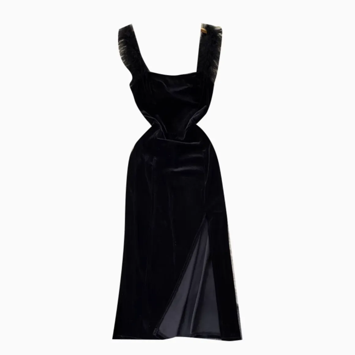 Furry Strap Black Velvet Dress