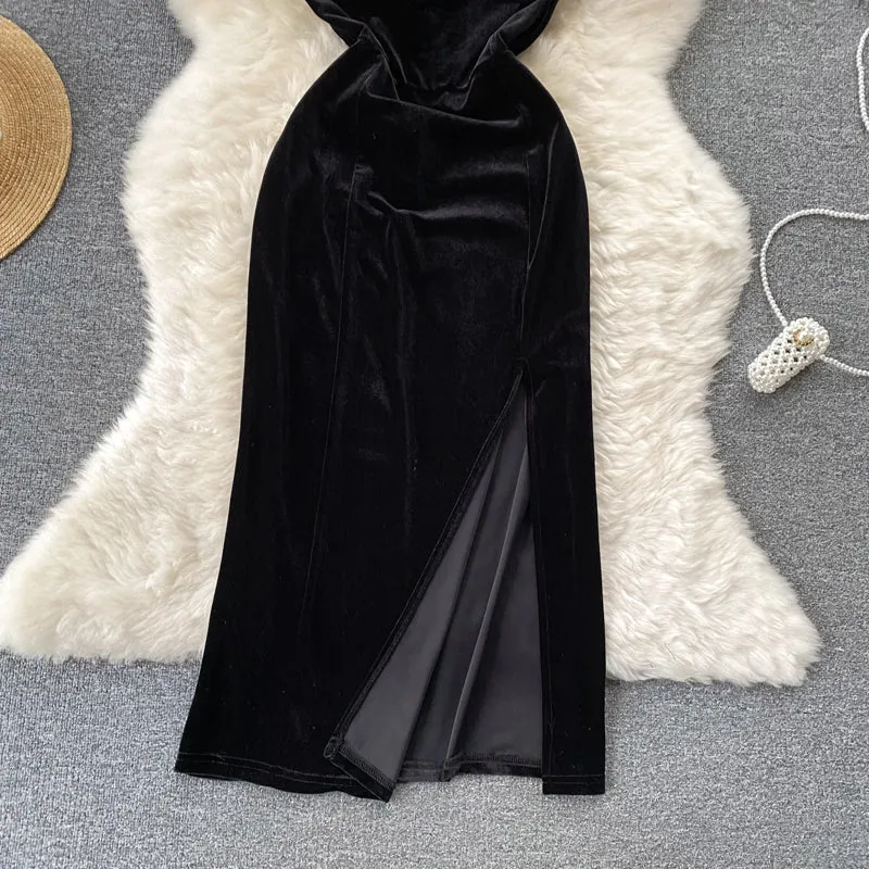 Furry Strap Black Velvet Dress