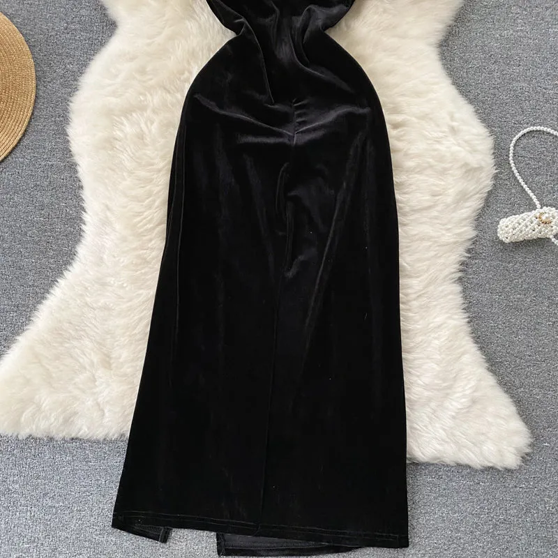 Furry Strap Black Velvet Dress