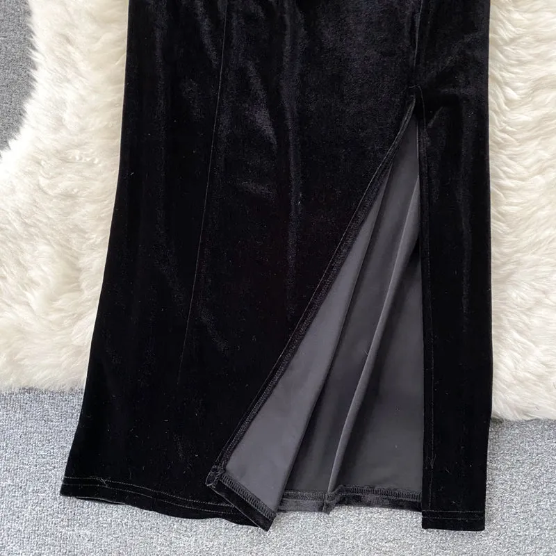 Furry Strap Black Velvet Dress