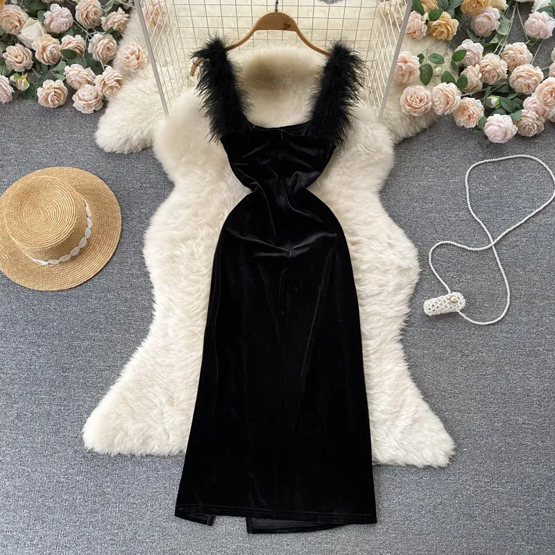 Furry Strap Black Velvet Dress