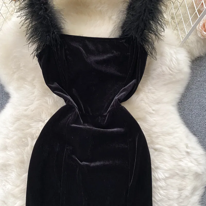 Furry Strap Black Velvet Dress