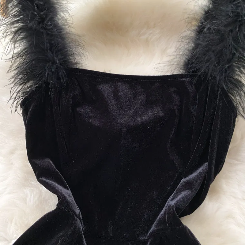 Furry Strap Black Velvet Dress