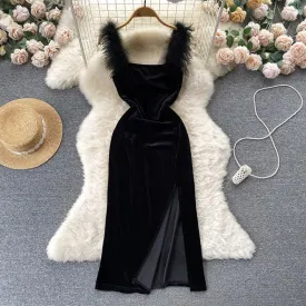 Furry Strap Black Velvet Dress