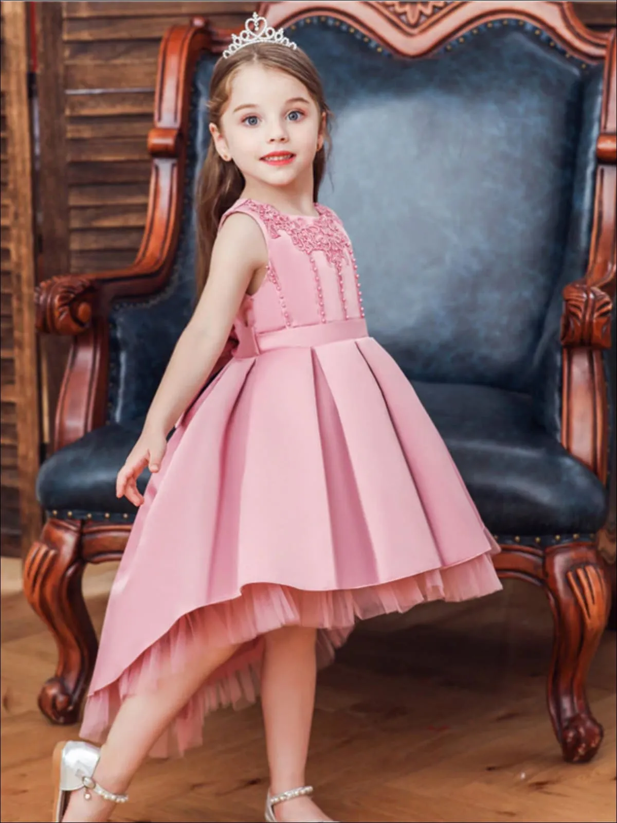 Girls Pleated Tulle Hi-Lo Special Occasion Dress