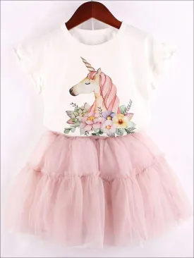 Girls White Floral Unicorn Ruffle Trim Short Sleeve Top And Pink Layered Tutu Skirt Set