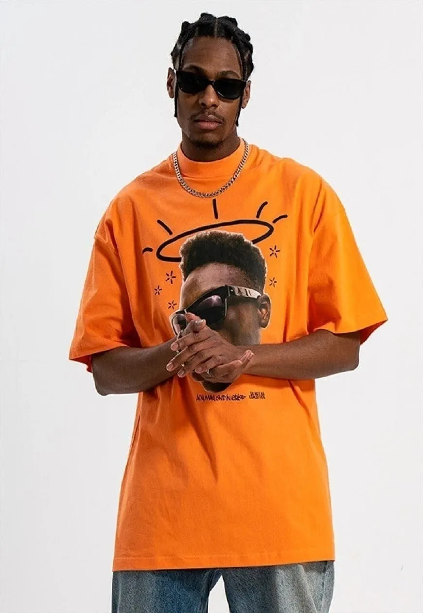 Grunge t-shirt raver print tee hip-hop top in orange