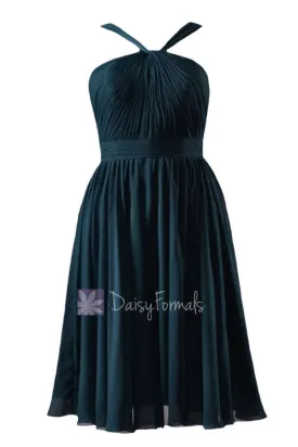 In stock,Ready to Ship - Knee Length Rich Peacock Chiffon Bridesmaid Dress(BM5195S) - (Rich Peacock, Sz12)