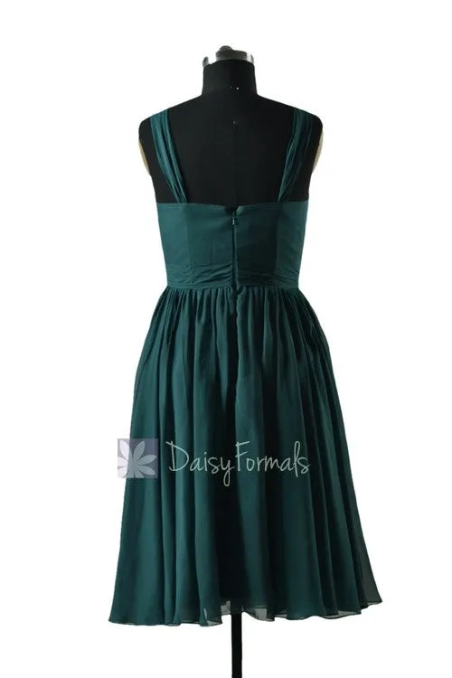 In stock,Ready to Ship - Knee Length Rich Peacock Chiffon Bridesmaid Dress(BM5195S) - (Rich Peacock, Sz12)