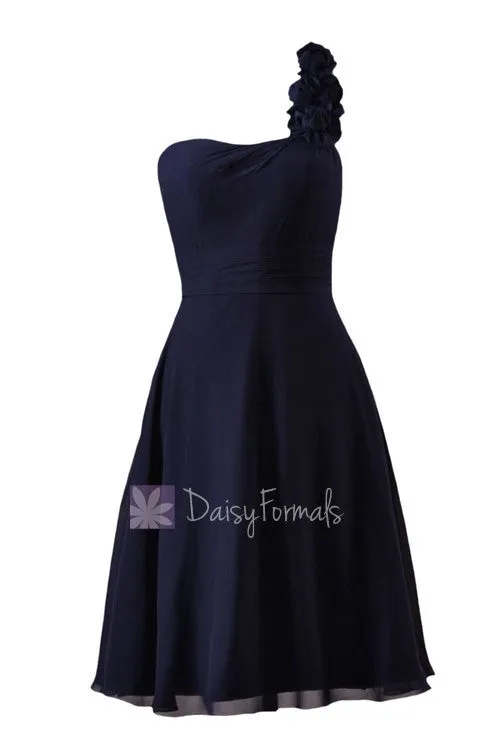 In stock,Ready to Ship - Short One Shoulder Navy Bridesmaid Dress(BM10358B) - (#35 Navy, Sz6)