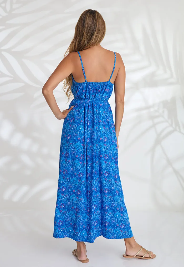 Indii Breeze Cami Plain Maxi Dress with Belt - Meadow Blue