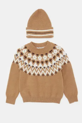 Infant Boys Brown Knitted Pullover With Cap Set (2 Piece)