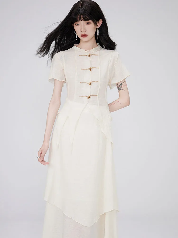 Irregular Hem Sheer Shirt ＆ Layered Design Skirt