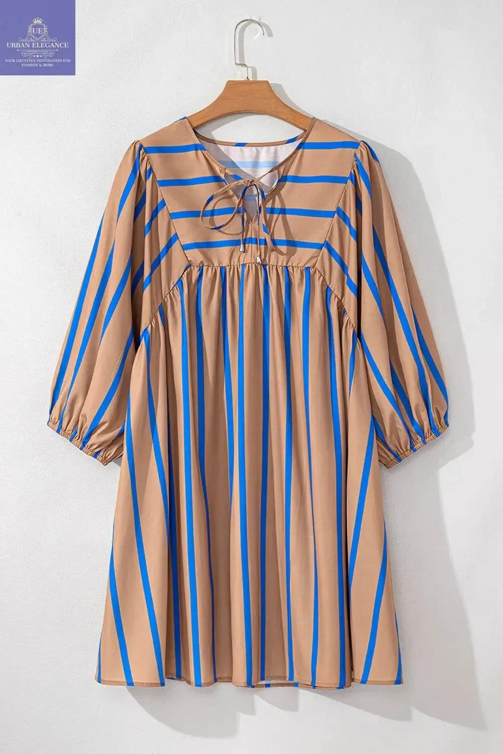 Khaki Stripe 3/4 Sleeve Plus Size Dress