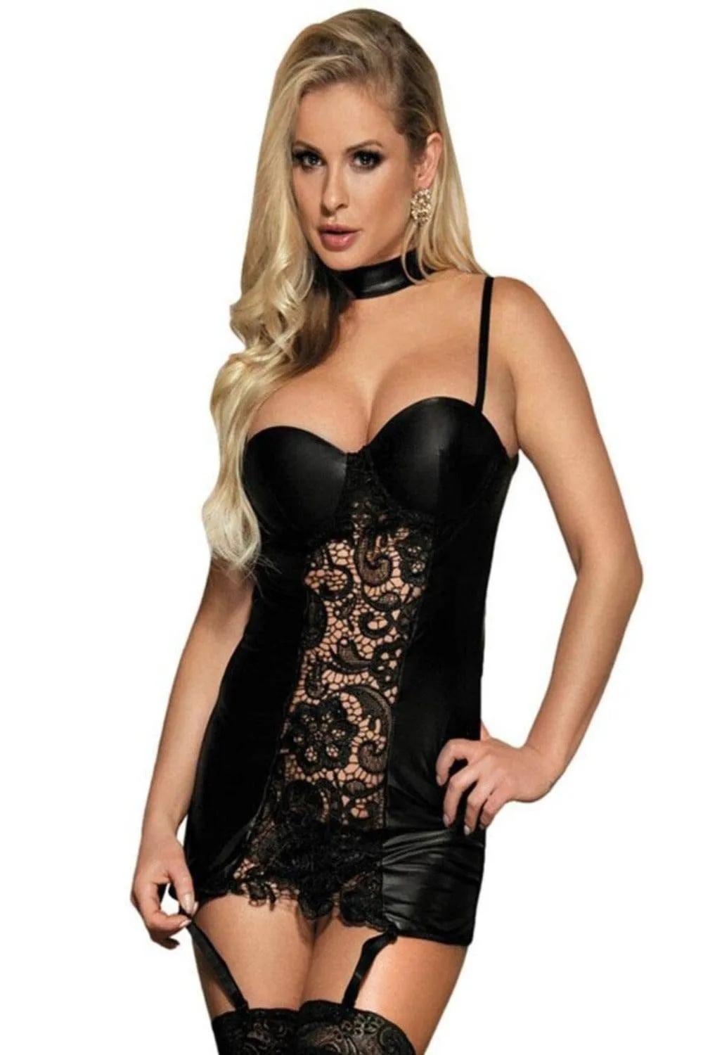 Latex And Lace Lingerie Mini Babydoll Dress - Black