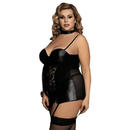 Latex And Lace Lingerie Mini Babydoll Dress - Black