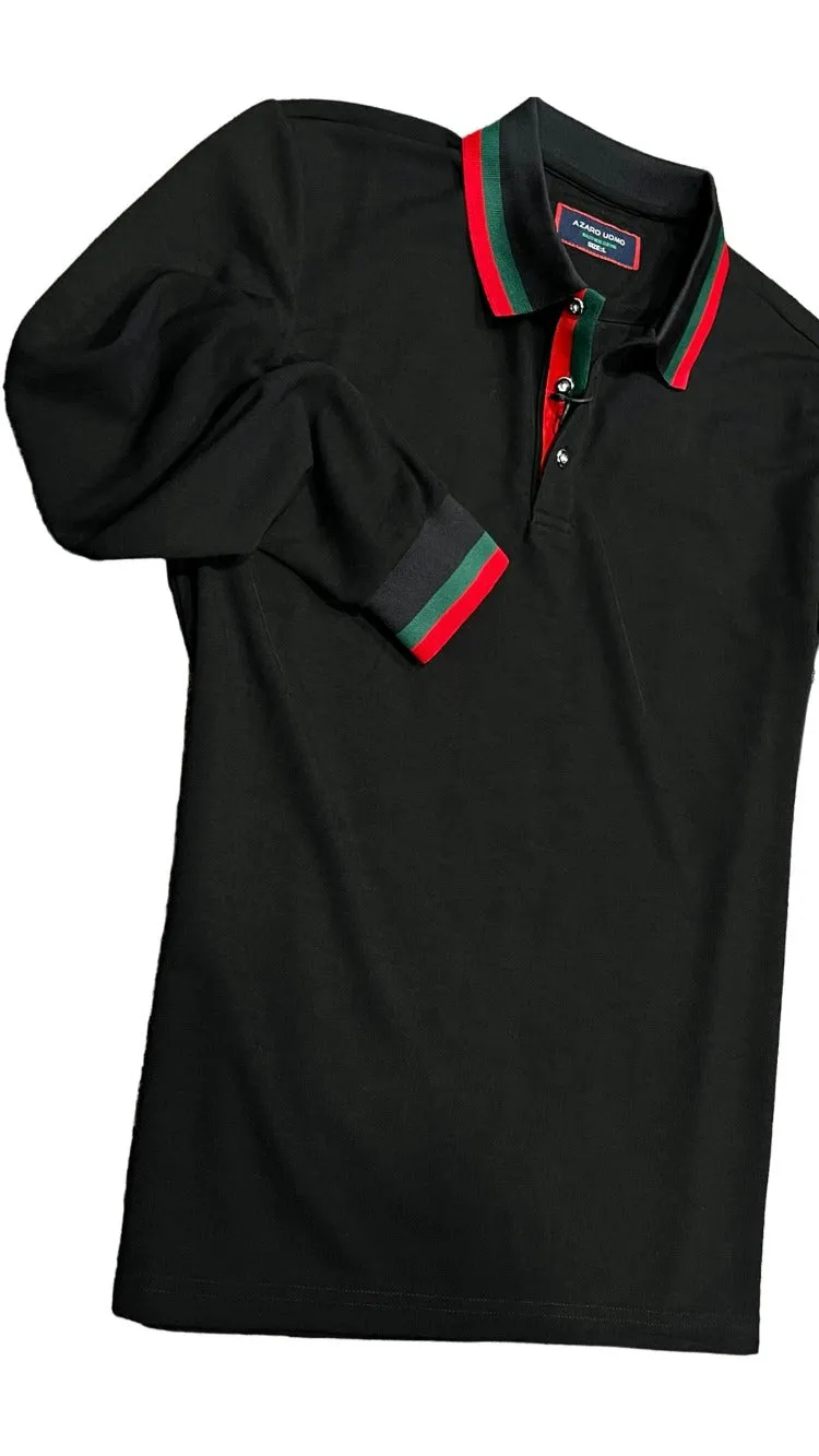 Men's Black long sleeve polo Green and Red Collar